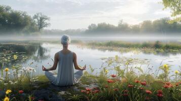 un pacífico oasis para un jubilado quien encuentra consuelo en su diario yoga práctica mientras con vista a un calma río rodeado por vibrante flores silvestres foto