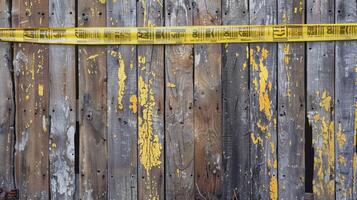 un resistido de madera cerca adornado con precaución cinta y escrito actualizaciones en el en marcha construcción foto