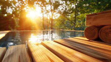 un persona con fibromialgia disfruta un restaurativo sauna sesión mientras en vacaciones rodeado por el calmante sonidos de naturaleza. ellos sensación agradecido para el oportunidad a relajarse y rejuvenecer foto