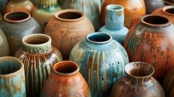 A group of finished pottery pieces displayed together each one showcasing a different glazing technique and reflecting the creativity and individuality of its maker. photo