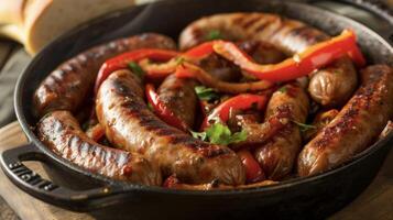 A mouthwatering dish of sizzling sausages and fireroasted bell peppers the aroma of savory grilled meats filling the air. All served up with a hearty helping of crusty brea photo