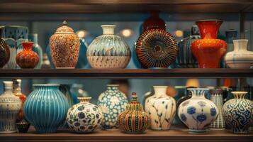 A collection of ceramic lamp bases displayed on a shelf each one reflecting the unique style and personality of its creator. photo