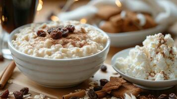 un atractivo untado de un personas mayores desayuno presentando un cuenco de acero avena con un espolvorear de canela y un puñado de Pasas acompañado por un pequeño plato de bajo en grasa casa de campo foto