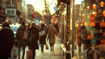 A busy street lined with women window shopping and browsing through quaint alcoholfree boutiques photo