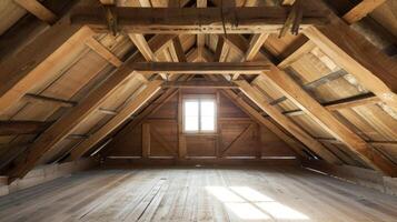 A photo of a renovated attic with the old wooden beams exposed and carefully restored using traditional Scandinavian wood treatment ods bringing warmth and history to th