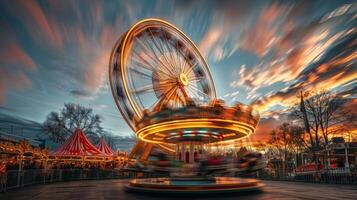 As the sun dips below the horizon the sky is painted with streaks of golden light reflecting off the glimmering ferris wheel and carousel photo