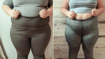 A photo of a person wearing the same outfit in two different sizes showcasing the physical changes that can occur with weight loss.