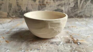 A handbuilt pinch pot with the imprint of fingers still visible waiting to be painted and fired in a kiln. photo