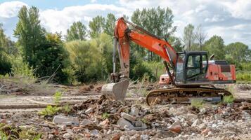 An excavator carefully removing debris from a construction site making sure to check for any potential animal habitats before proceeding photo