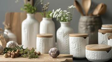 A set of ceramic e jars with delicate handcarved details in the form of es and herbs. These jars not only store your es beautifully but also serve as decorative pieces in your kitchen. photo