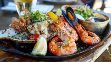 con un variedad de Mariscos opciones nuestra playa choza desayuno tardío es un Mariscos amantes sueño foto