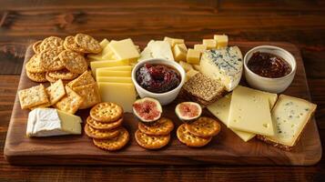 A cheese board featuring a variety of aged and hard cheeses served with crackers and fig spread photo