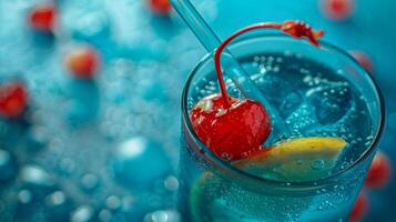 un imagen perfecta Mocktail de Lima Limon soda azul curacao y piña jugo coronado con un marrasquino Cereza foto