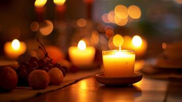 A candlelit dinner table with a of clay votive holders casting a warm glow over the meal. photo