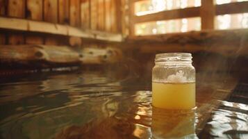 un vaso tarro lleno con turbio agua pags dentro el sauna a representar el lanzamiento de impurezas foto