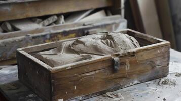 A wooden box filled with soft pliable clay waiting to be molded and shaped into a beautiful sculpture photo