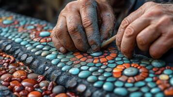 Up close shots of a skilled artisan arranging small delicate ceramic tiles to create a stunning and intricate mosaic design on a fireplace surround photo