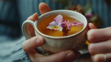 un barista cuidadosamente lugares un delicado flor pétalo en parte superior de un taza de té agregando un elegante toque a el ya hermosa bebida foto