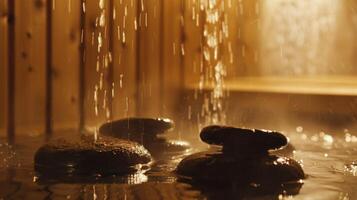 The soothing sound of water dripping on hot stones as a traveler in the sauna releases tension from their shoulders. photo