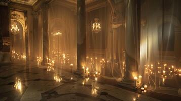 The transparent columns holding the flickering candles almost seem to disappear creating an ethereal effect in the room. 2d flat cartoon photo