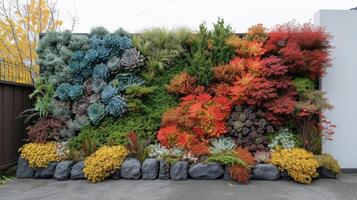 un sensacionalmente diseñado vertical jardín soportes alto en contra un llanura blanco pared muy lleno con vibrante verdor y vistoso floraciones foto