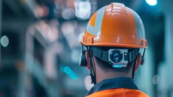 A closeup shot of a sensor attached to a workers safety helmet tracking their movements and alerting authorities in case of any accidents photo