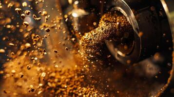 The satisfying sight of goldenbrown coffee grounds cascading out of a grinder and into a brewing device photo
