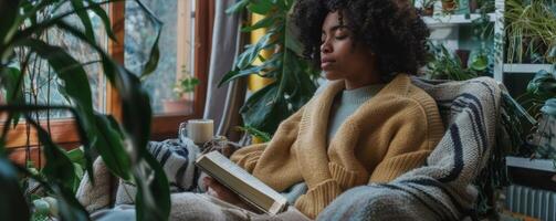 In a quiet corner of their home a person with fibromyalgia sits in a cozy sauna surrounded by plants and soft music. They sip on herbal tea and read a book while their body benefits photo