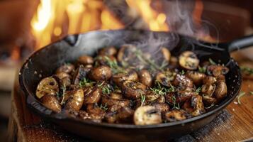 Nestled in a cast iron skillet these mushrooms sizzle and char over the crackling fire infusing them with a distinct smoky flavor. The aroma of garlic and herbs fills th photo