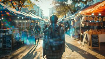 A person walking through a farmers market stopping at a craft beer stand to try a new flavor photo