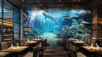 un sorprendentes cerámico pared mural representando un vibrante submarino escena Perfecto para un frente a la playa restaurante. foto