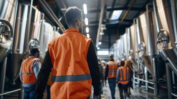 A man wearing a tour guide vest leads a group through a warehouse filled with shiny brewing equipment photo