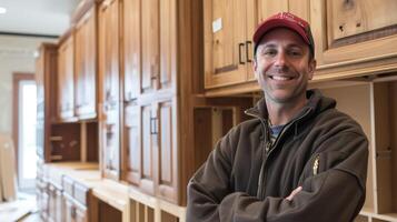 A proud carpenter stands next to a newly installed set of custombuilt kitchen cabinets showcasing his mastery of the craft and attention to detail photo