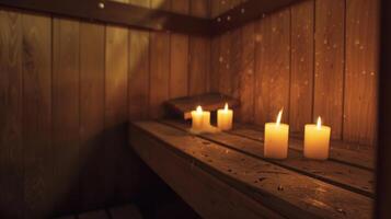 Candles flicker in the corners adding to the soothing ambiance of the guided sauna session. photo