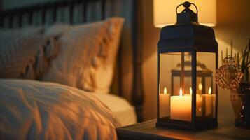 Resting on a side table in a bedroom a large lantern illuminates the room with its gentle candlelight creating a peaceful and serene ambiance. 2d flat cartoon photo