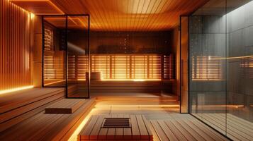 An interior shot of the sauna room showing the modern infrared sauna panels on the walls. photo