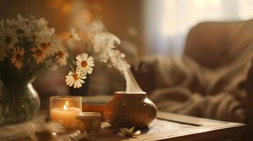 A cozy reading nook with a diffuser releasing the calming scent of chamomile encouraging a tranquil and peaceful atmosphere photo