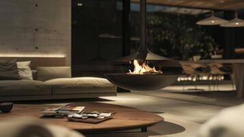 A suspended fireplace made of sleek black metal hangs above a minimalist coffee table its unique and modern design adding a touch of drama to the living room. The fire 2d flat cartoon photo