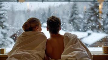 un Pareja envuelto en toallas acecho el nieve otoño suavemente fuera de el sauna ventana. foto