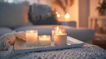 The flicker of candles on a modern tray sets the mood for a romantic evening creating a cozy and intimate atmosphere. 2d flat cartoon photo