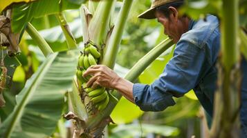 A gardener gently pruning the vibrant oversized leaves of a tropical banana tree photo