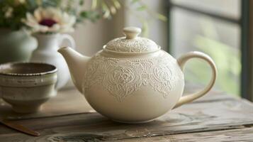 A ceramic teapot is adorned with a delicate lace pattern created by pressing a doily into the surface and carefully removing it to leave a beautiful imprint. photo