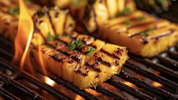 Sunset over the Grill Mouthwatering grilled pineapple slices soaked in the warm hues of the suns rays and infused with a burst of natural sweetness photo