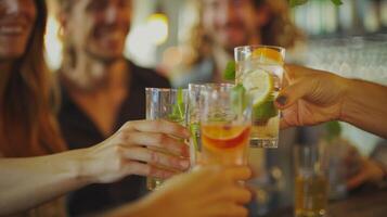grupo de amigos participativo en un Mocktail gusto pruebas competencia molesto a adivinar el ingredientes en cada bebida foto