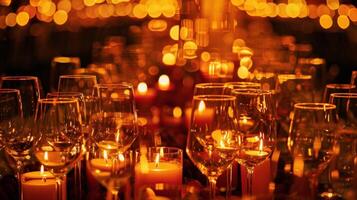 The warm hues of the candles reflect off the surface of the wine glasses creating a mesmerizing firelike effect. 2d flat cartoon photo