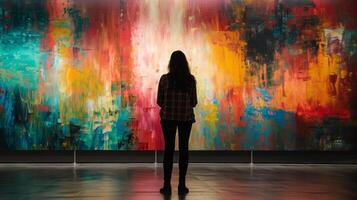 A lone figure pauses in front of a bold colorful painting lost in thought as they take it in photo