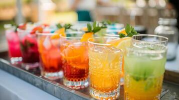 Several glasses of colorful mocktails arranged on a tray ready to be served to the guests photo