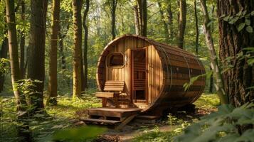 A wooden sauna wagon situated in a serene forest setting offering a unique sauna experience. photo