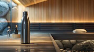 un pulcro y moderno acero agua botella Perfecto para quedarse hidratado durante un sauna sesión. foto