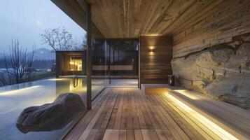 The walls of the sauna are made of natural wood giving off a natural and earthy scent. photo